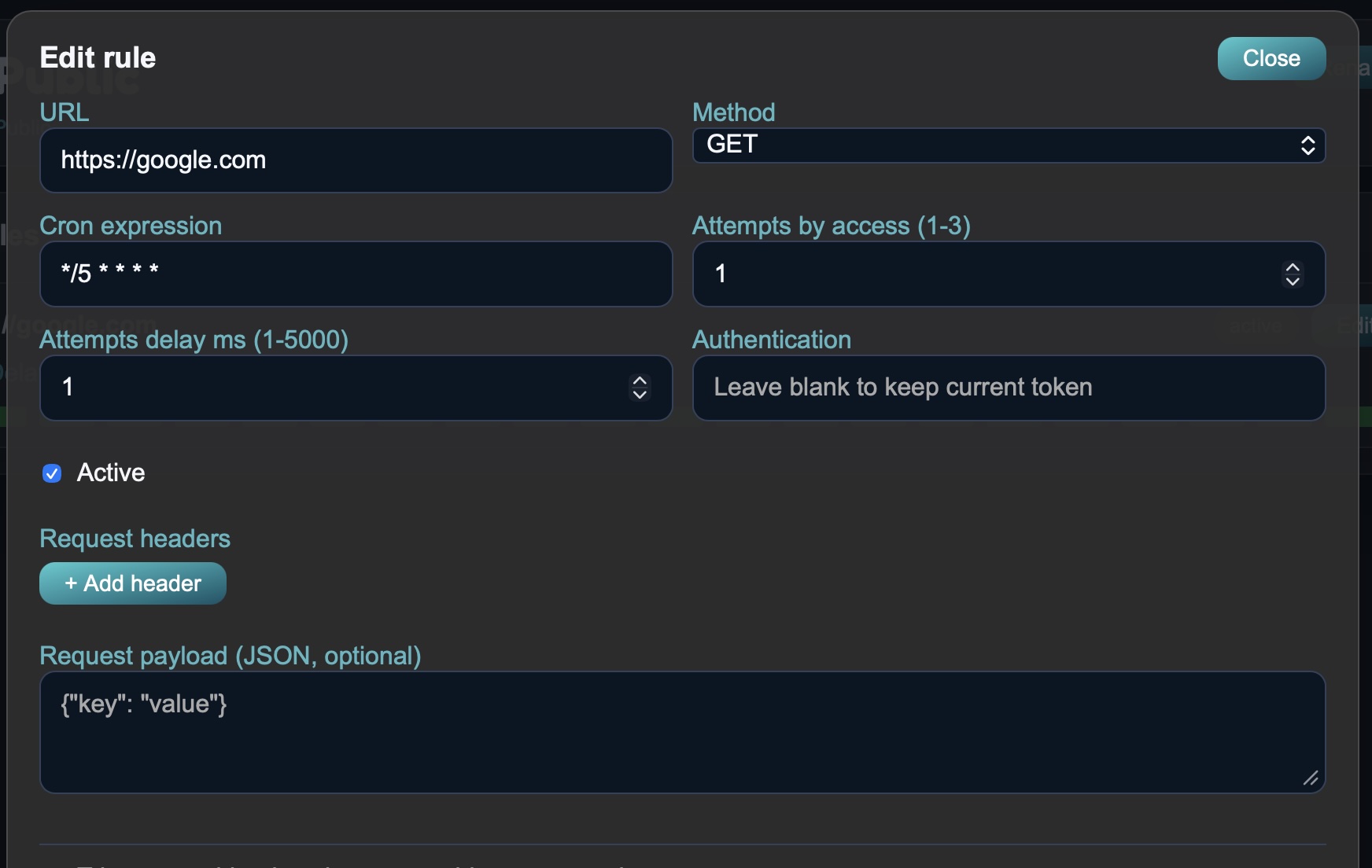 Rule editor showing a cron expression field