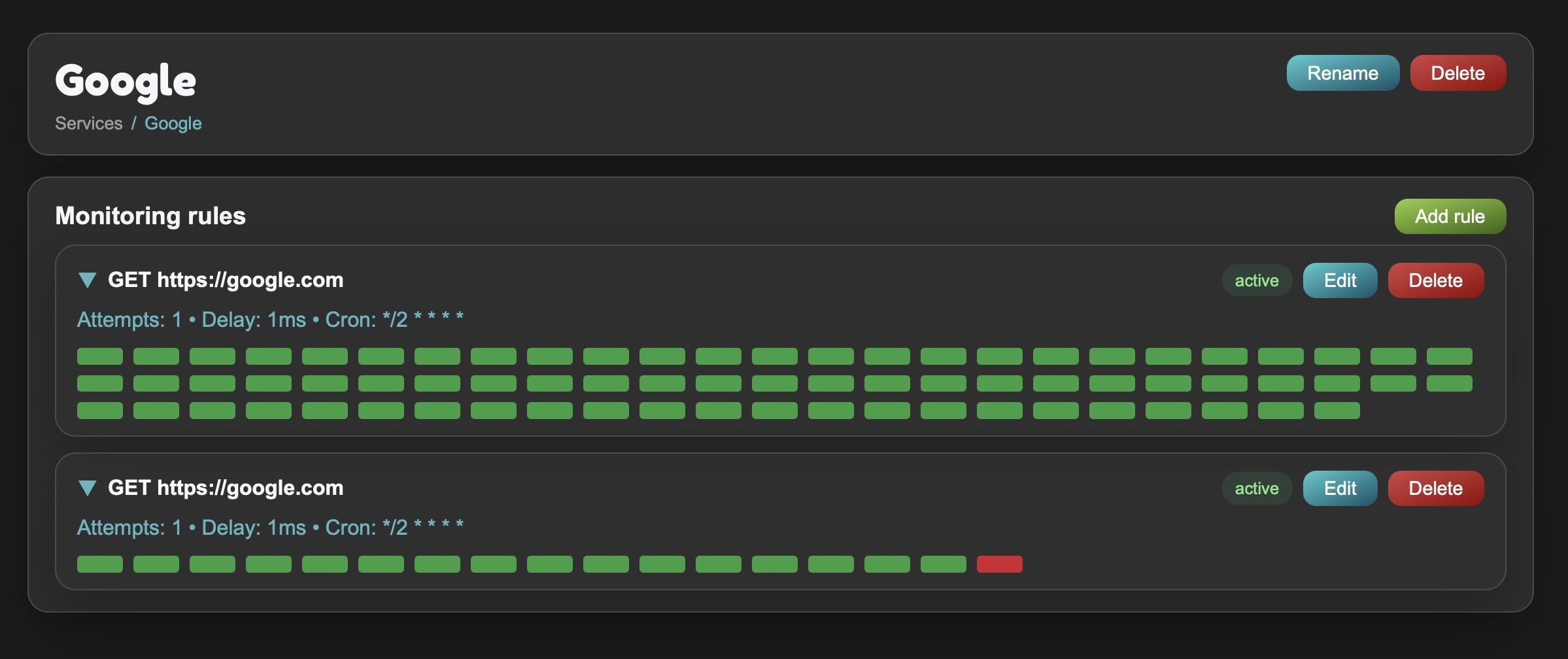Service page listing several monitoring rules