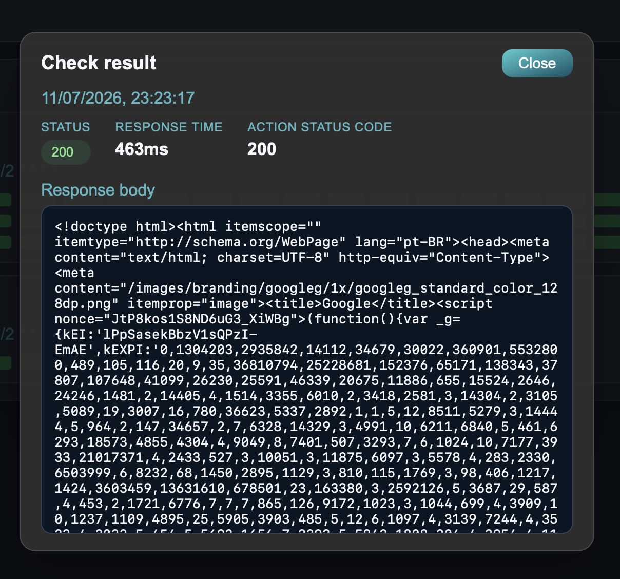 Check result showing the triggered action