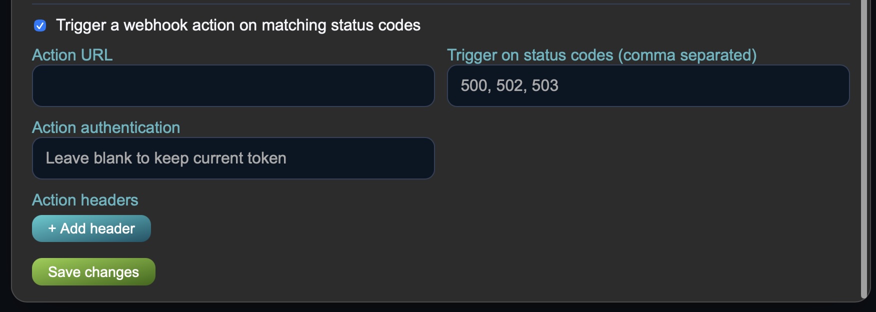 Webhook action configuration